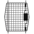 Explore the Petmate 21 Sky Kennel Replacement Door, featuring a black metal wire mesh panel with a rectangular grid pattern. It meets IATA requirements and includes hinges and a rectangular lock mechanism on one side, with a symmetrical, slightly tapered shape for seamless fitting.