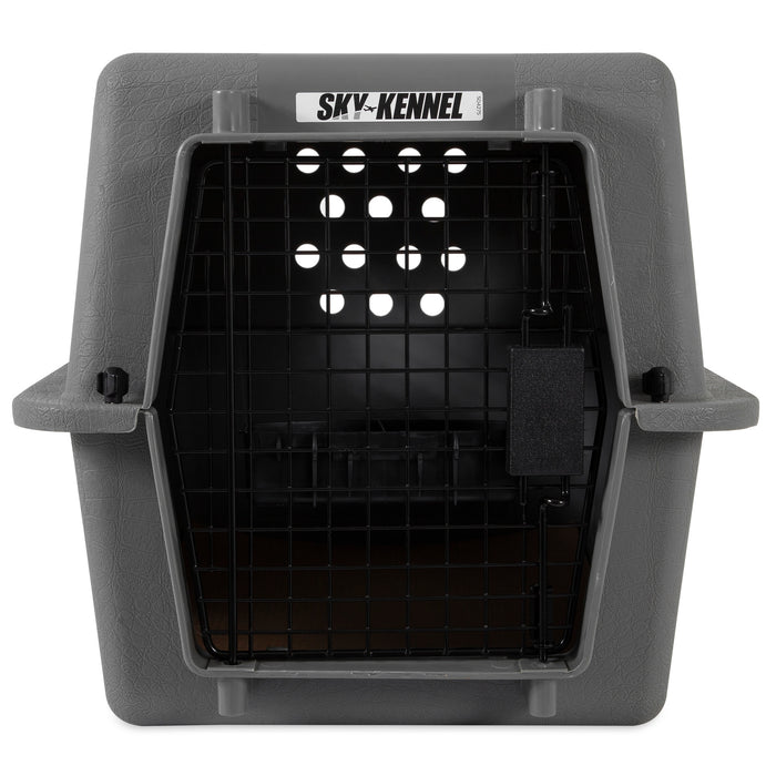 The Petmate 21 Sky Kennel Replacement Door is a black metal wire door for the gray plastic travel crate. It meets IATA standards, features top ventilation holes and sturdy side handles, ensuring comfort and security for pets during travel.
