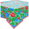 freckled sage poppy green oilcloth tablecloth with red gingham trim