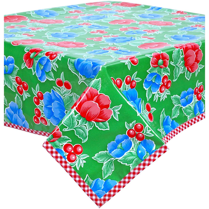 freckled sage poppy green oilcloth tablecloth with red gingham trim