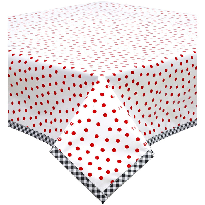 freckled sage dot red oilcloth tablecloth with black gingham trim