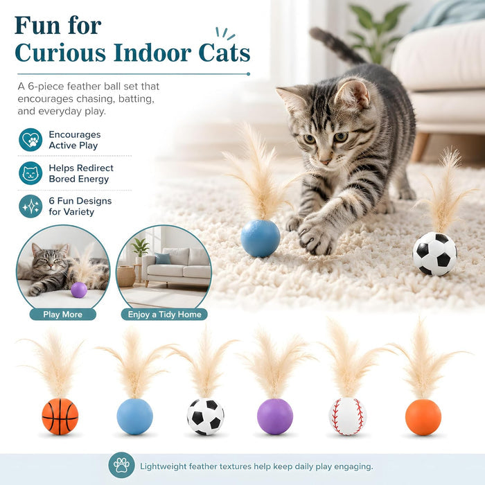 6 Pack Bouncy Cat Feather Ball Toys – Interactive Silicone Cat Balls for Indoor Cats Fursera
