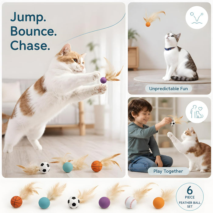 6 Pack Bouncy Cat Feather Ball Toys – Interactive Silicone Cat Balls for Indoor Cats Fursera