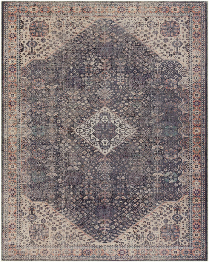 Antique Style and Traditional Design Beige, Dark Purple and Peach Washable Area Rug - The Rug Decor