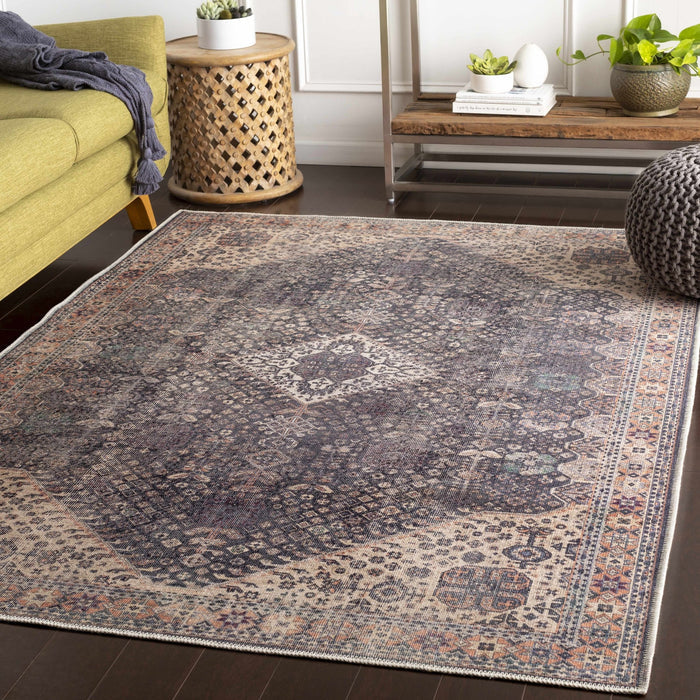 Antique Style and Traditional Design Beige, Dark Purple and Peach Washable Area Rug - The Rug Decor