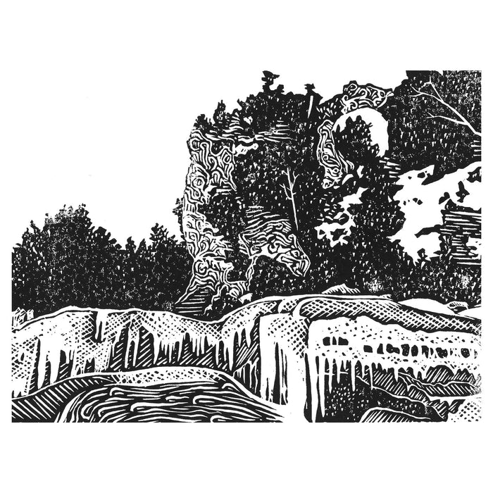 Arch Rock in Winter Original Block Print.  Contemporary Mackinac Island art by Natalia Wohletz of Peninsula Prints.