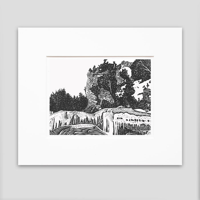 Arch Rock in Winter Original Block Print.  Contemporary Mackinac Island art by Natalia Wohletz of Peninsula Prints.