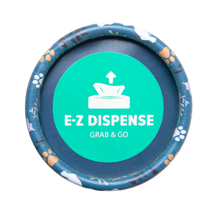 The Arm & Hammer Gotta Go Waste Bag Dispenser by Arm And Hammer features a round lid with a teal label displaying a napkin icon alongside the words “E-Z DISPENSE” and “GRAB & GO.” Its edge is decorated with a blue animal paw print pattern, making it ideal for carrying fresh-scented waste bags that provide effective odor control.