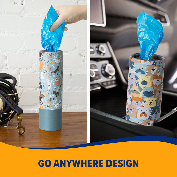 A hand pulls a blue fresh-scent waste bag from the Arm & Hammer Gotta Go Waste Bag Dispenser by Arm And Hammer on a table; the same dispenser is also pictured in a car’s cup holder. Text at bottom reads: GO ANYWHERE DESIGN.