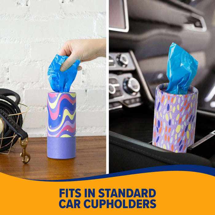 The Arm & Hammer Gotta Go Waste Bag Dispenser by Arm And Hammer is displayed on a desk and inside a car cupholder, with a hand pulling out a blue bag. Text reads: Fits in standard car cupholders, and includes fresh-scent waste bags for added odor control.