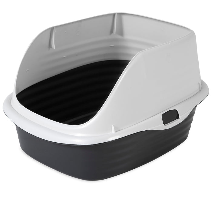 The Arm & Hammer Large Rimmed Wave Litter Box has high sides, a partial cover, and antimicrobial protection to help contain litter and reduce mess. Its black and white design keeps your cat's space cleaner.
