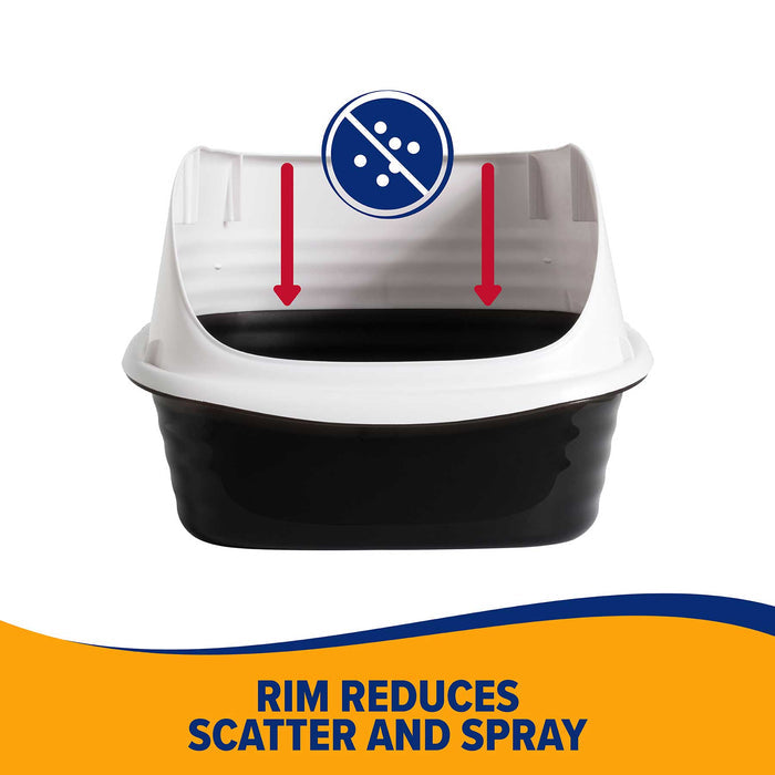 The Arm & Hammer Large Rimmed Wave Litter Box features a high back and rim to help reduce scatter and spray for antimicrobial protection. Black and white design with red arrows illustrate the rim’s effectiveness.