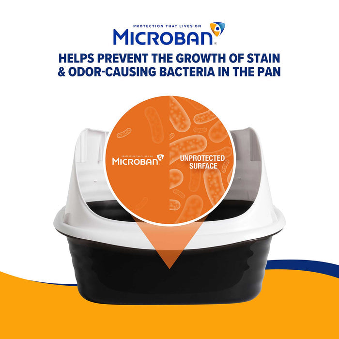 The Arm & Hammer Large Rimmed Wave Litter Box is shown in black and white with a circular graphic highlighting its antimicrobial protection against stain and odor-causing bacteria, compared to an unprotected surface. Orange microbes appear above the box.
