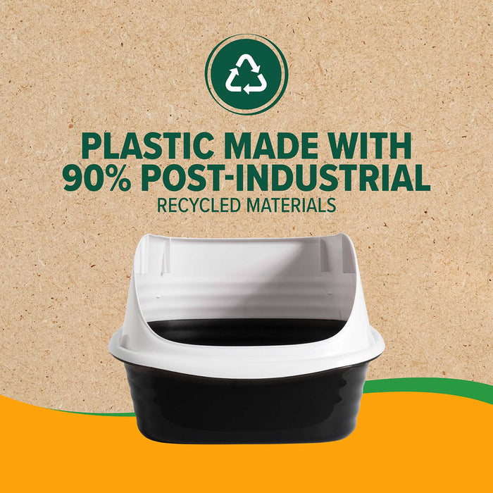 The Arm & Hammer Large Rimmed Wave Litter Box, shown in black and white on a brown textured background, features plastic made with 90% post-industrial recycled materials and a recycling symbol above.