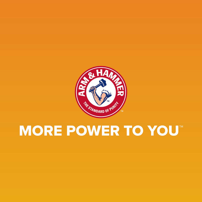 The Arm & Hammer logo with a muscular arm holding a hammer appears above the words MORE POWER TO YOU on an orange gradient background, highlighting the Arm & Hammer Large Rimmed Wave Litter Box.