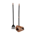The Arm & Hammer Swivel Bin & Rake features a black long-handled rake with wide tines and a pooper scooper holding a brown bag, both standing upright on a white background. Ideal for efficient pet waste cleanup.