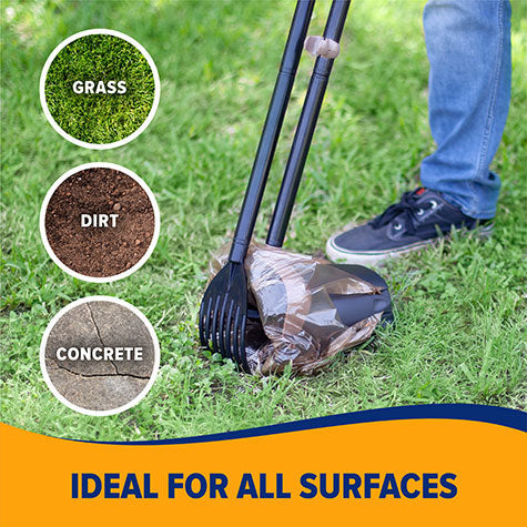 Using the Arm & Hammer Swivel Bin & Rake, a person collects pet waste from grass with a plastic bag. Insets highlight grass, dirt, and concrete surfaces with the text: Ideal for all surfaces.