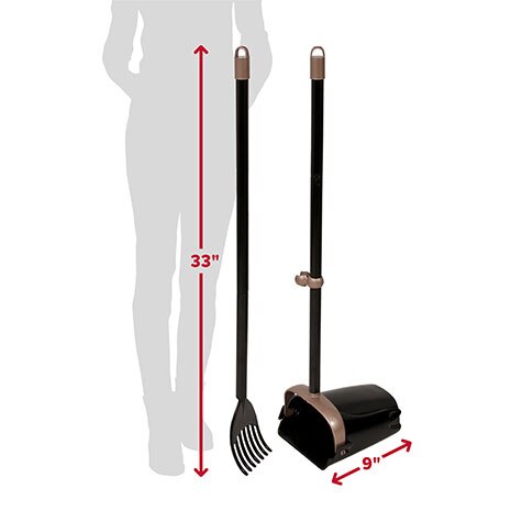 The Arm & Hammer Swivel Bin & Rake set is shown beside a human silhouette for scale. The rake is 33 inches tall, and the swivel bin dustpan measures 9 inches wide, making pet waste cleanup easy and convenient.