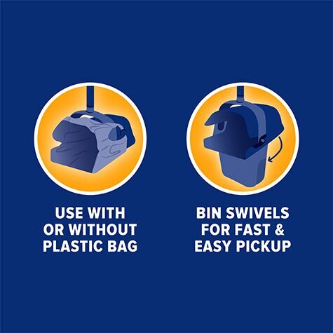 Two illustrations of the Arm & Hammer Swivel Bin & Rake by Arm & Hammer show it with and without a plastic bag, labeled "Use with or without plastic bag." Another says, "Bin swivels for fast & easy pet waste pickup," all on a blue background with yellow circles.
