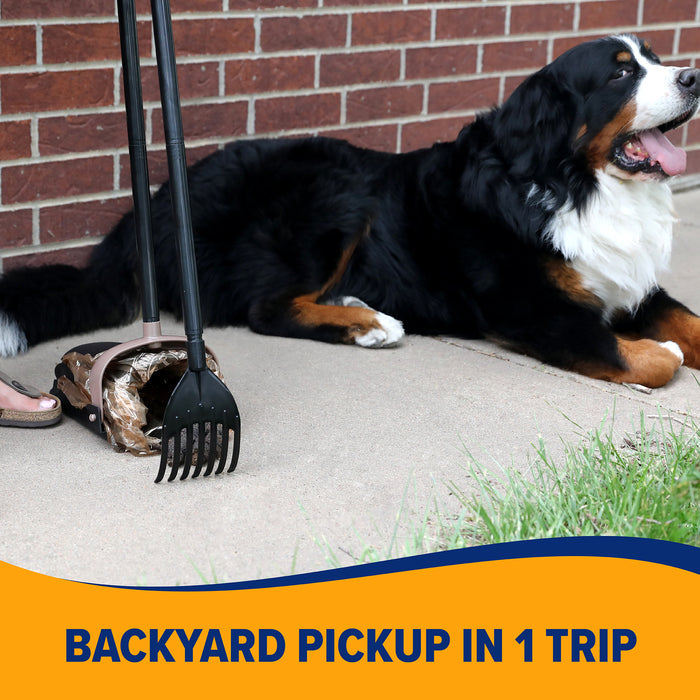A large black, brown, and white dog lies on a patio as a person uses the Arm & Hammer Swivel Bin & Rake. A yellow and blue banner at the bottom reads: BACKYARD PICKUP IN 1 TRIP. Brand: Arm & Hammer.