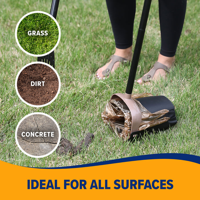 A person uses the Arm & Hammer Swivel Bin & Rake with a disposable bag to pick up pet waste on grass. Circles highlight that it works on grass, dirt, and concrete. Text reads: IDEAL FOR ALL SURFACES. Brand: Arm & Hammer.