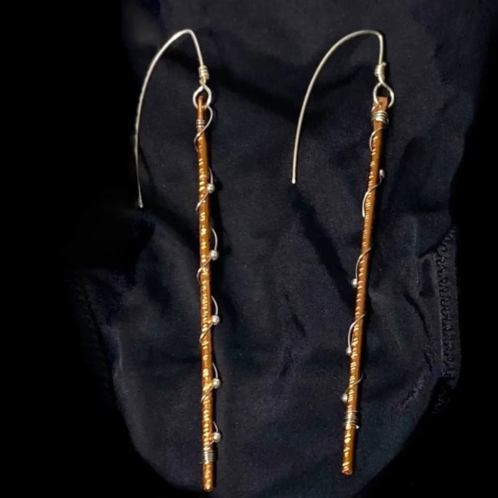 Artisan Mixed Metal Long Hook Dangles with sealed copper shafts and 925 sterling silver beaded wire wrap