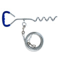 The Aspen Pet Easyturn Stake W/ Tie-Out by Aspen Pet is a metal spiral stake with a blue handle, featuring a long coiled cable and clasp. Its 360-degree swivel ring keeps pet leashes secure and untangled, providing freedom while anchoring them safely.
