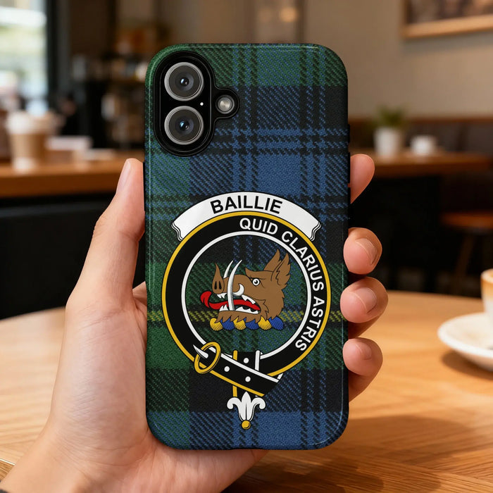 Baillie Quid Clarius Astris clan crest glossy phone case – front design view