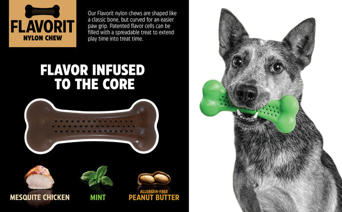 A dog grips a green BarkBone infused with delicious centers. On the left, a brown Barkbone Natural Instincts Mesquite Chicken Flavorit Nylon Dog Chew appears, showing enticing flavors: mesquite chicken, mint, and peanut butter—a testament to the superb quality of these chews for your pups delight.