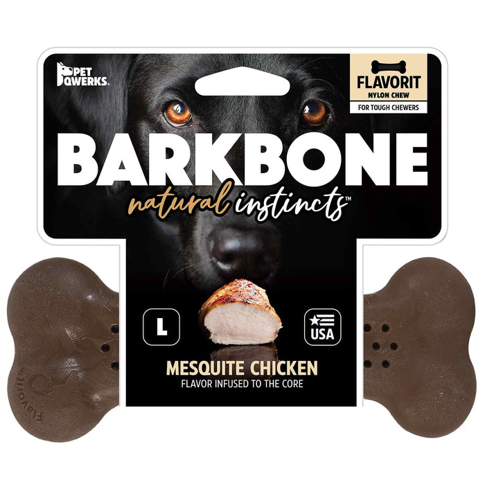 The BarkBone Natural Instincts packaging features a dog image above the product name, BarkBone Natural Instincts Mesquite Chicken Flavorit Nylon Dog Chew. It is large, USA-made, perfect for tough chewers, and highlights the Mesquite Chicken Flavor.