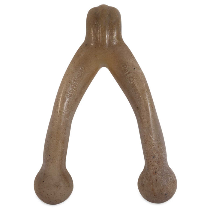 Meet the BarkBone Natural Instincts Wishbone Bacon-Infused Nylon Dog Chew! With durable, translucent brownish-tan nylon, a speckled texture, and round ends, it offers REAL bacon flavor to make it irresistible and long-lasting for your furry friend.