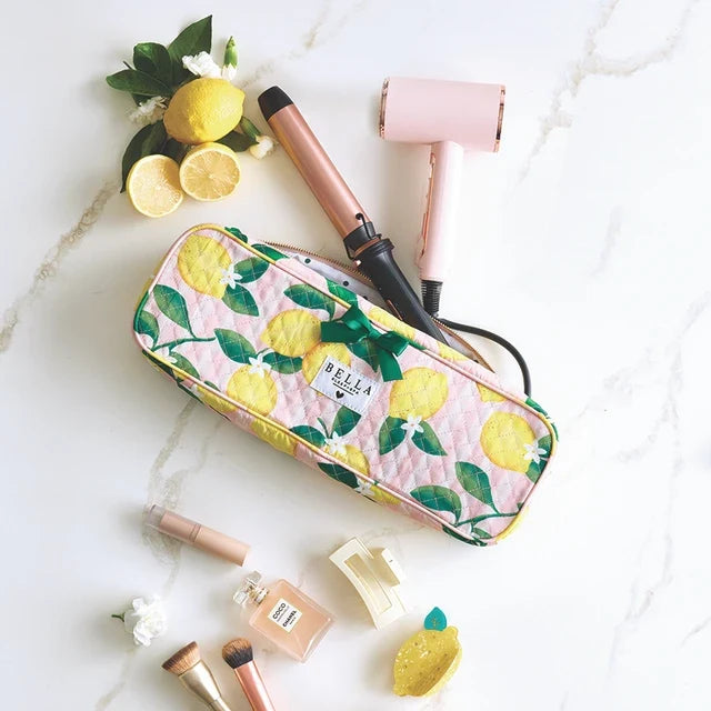 Bella Quilted Hair Tool Bag -Pink Stripes & Lemons