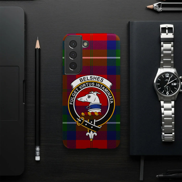 Belshes tartan-background phone case angled view