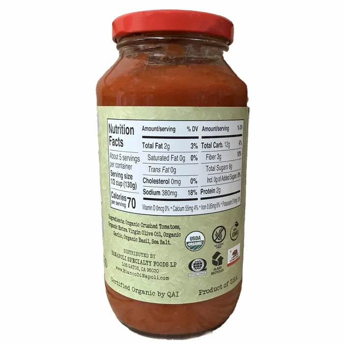 Bianco DiNapoli, Organic Tomato Basil Pasta Sauce, 24 oz. Pasta Sauce 12048376