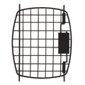 The Petmate Black Replacement Door for 19 Plastic Kennels is a metal grid with evenly spaced bars, featuring a right-side rectangular clasp and a slight outward curve. The backdrop is pure white.