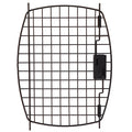 The Black Replacement Door for 24 Plastic Kennels by Petmate is a metal grid panel with curved edges, featuring a latch on the right side. It serves as an ideal replacement door and is set against a plain white background.