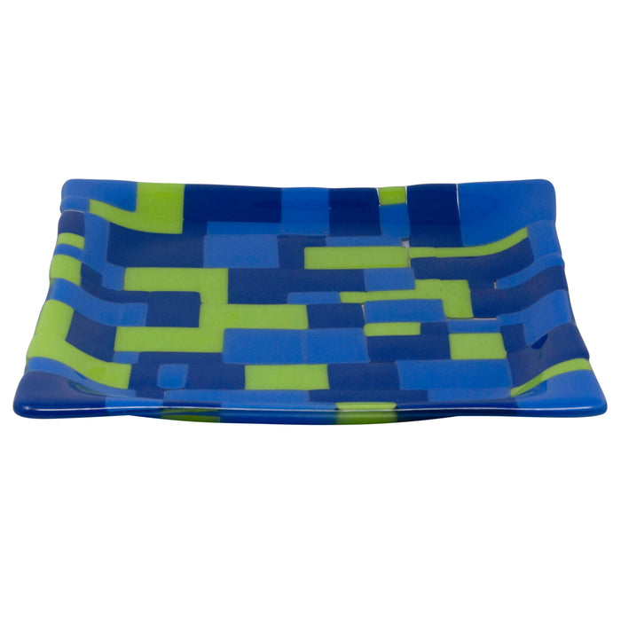 Blue & Green Squares & Rectangles Bent Glass Tray Side | The Hour Shop
