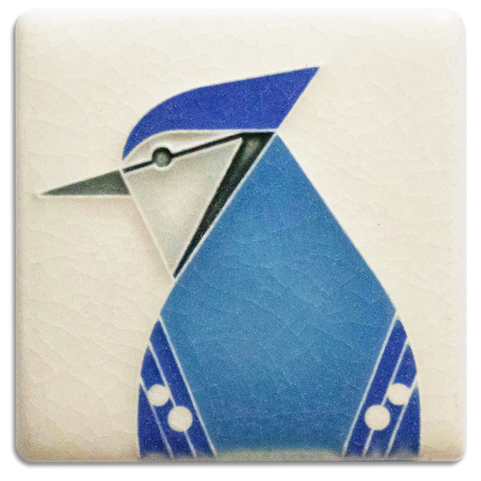 Blue Jay 3x3 art tile handmade by Motawi in Ann Arbor, Michigan.