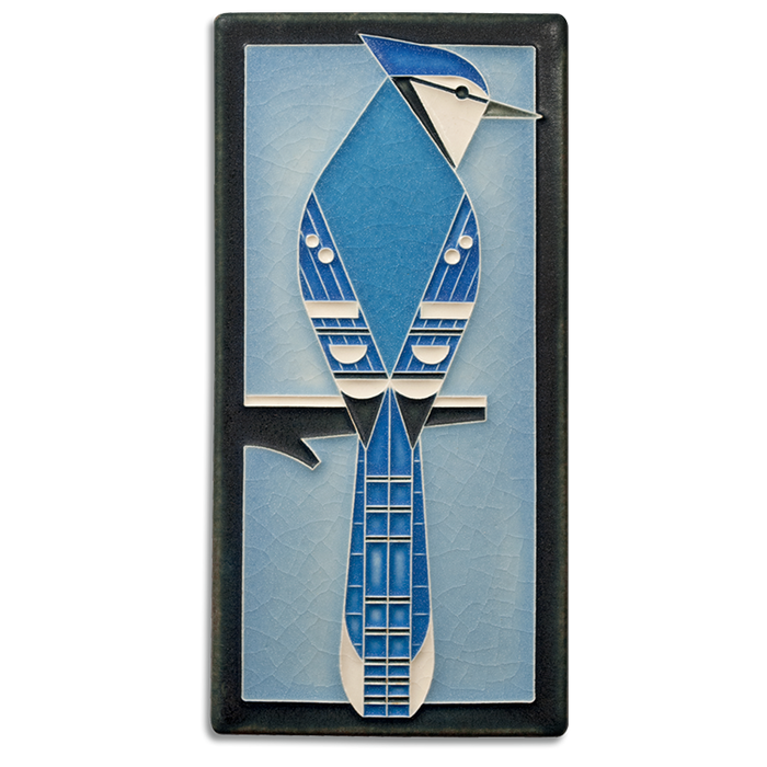 Blue Jay 4x8 in. art tile handmade by Motawi in Ann Arbor, Michgan. The tile's design is based on the work of Charley Harper (1922-2007), a wildlife artist and self-described "minimal realist."