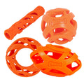 The Chuckit! Breathe Easy Fetch Kit includes four orange rubber toys—balls, stick, and ring—with cut-out breathable designs, ideal for short-nosed dogs. Each toy in this Air Fetch Bundle features the Chuckit! logo.