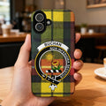 Buchan phone case with family-name crest on a tartan-background design