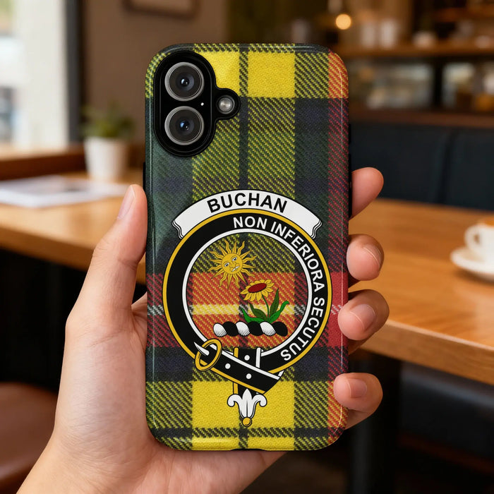 Buchan family-name crest detail on the phone case