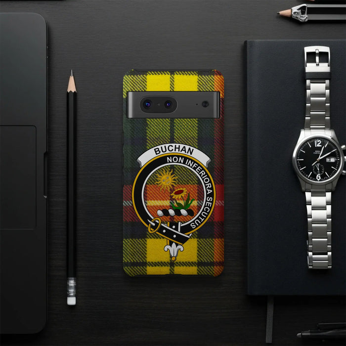Buchan tartan-background phone case product presentation