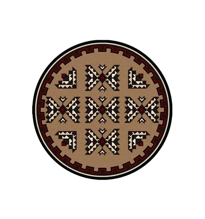 American made round area rug in brown with black, red, white and blue colors - Your Western Decor