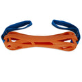 The Chuckit! Air Bumper Dog Toy by Chuckit! is an orange, bone-shaped rubber toy with blue fabric loops at each end—great for tossing, tugging, or playing fetch.