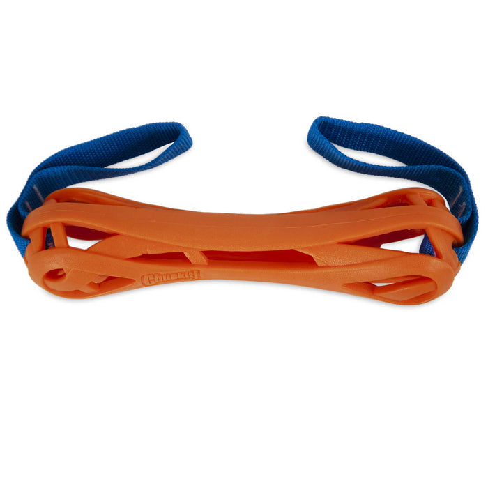 The Chuckit! Air Bumper Dog Toy by Chuckit! is an orange, bone-shaped rubber toy with blue fabric loops at each end—great for tossing, tugging, or playing fetch.