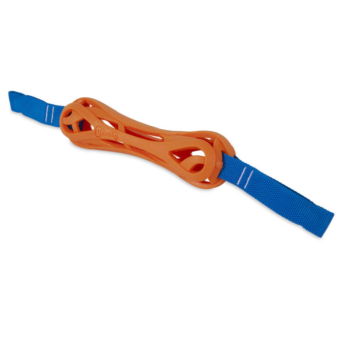 The Chuckit! Air Bumper Dog Toy by Chuckit! is an orange fetch toy with holes at each end and a blue nylon strap threaded through, ideal for active pups.