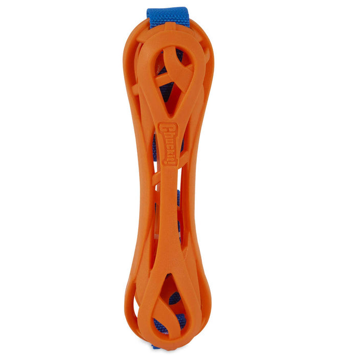 The Chuckit! Air Bumper Dog Toy by Chuckit! features an orange, bone-shaped design with open lattice sides and a blue strap—ideal for fetch and active play with your dog.