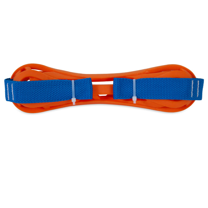 The Chuckit! Air Bumper Dog Toy by Chuckit! is an orange, bone-shaped fetch toy featuring two blue adjustable straps with white fasteners, shown laid flat on a white background.
