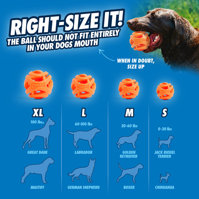 A guide to selecting the right size Chuckit! Air Fetch Ball by Chuckit!, showing ball sizes for matching dog breeds and weights. Features an image of a dog with this durable fetch toy. Note: The ball shouldn't fit completely in your dog's mouth.
